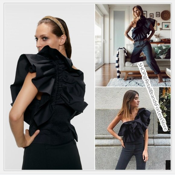 Zara | Tops | Zara Black Poplin Top With Ruffles | Poshmark